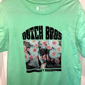 Green, Men’s Medium, Peace/Flowers Dutch Bros Shirt.